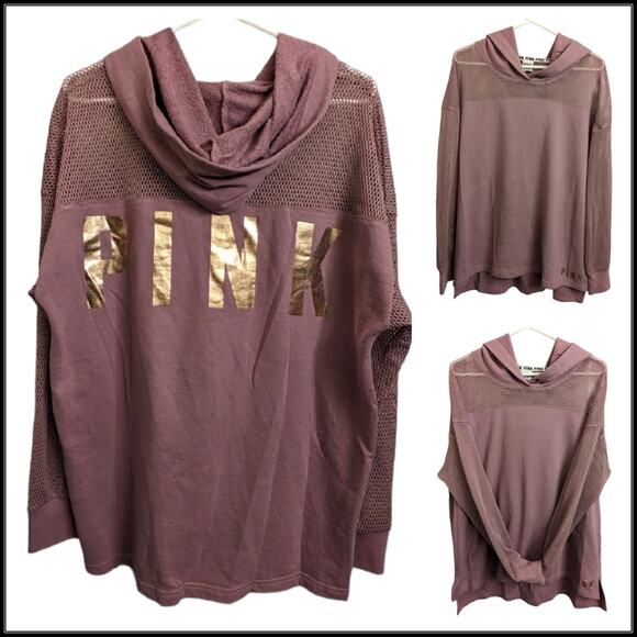 Victoria's Secret PINK Fishnet Mesh Hoodie Sweatshirt Rose Gold Foil Print L - Picture 1 of 10
